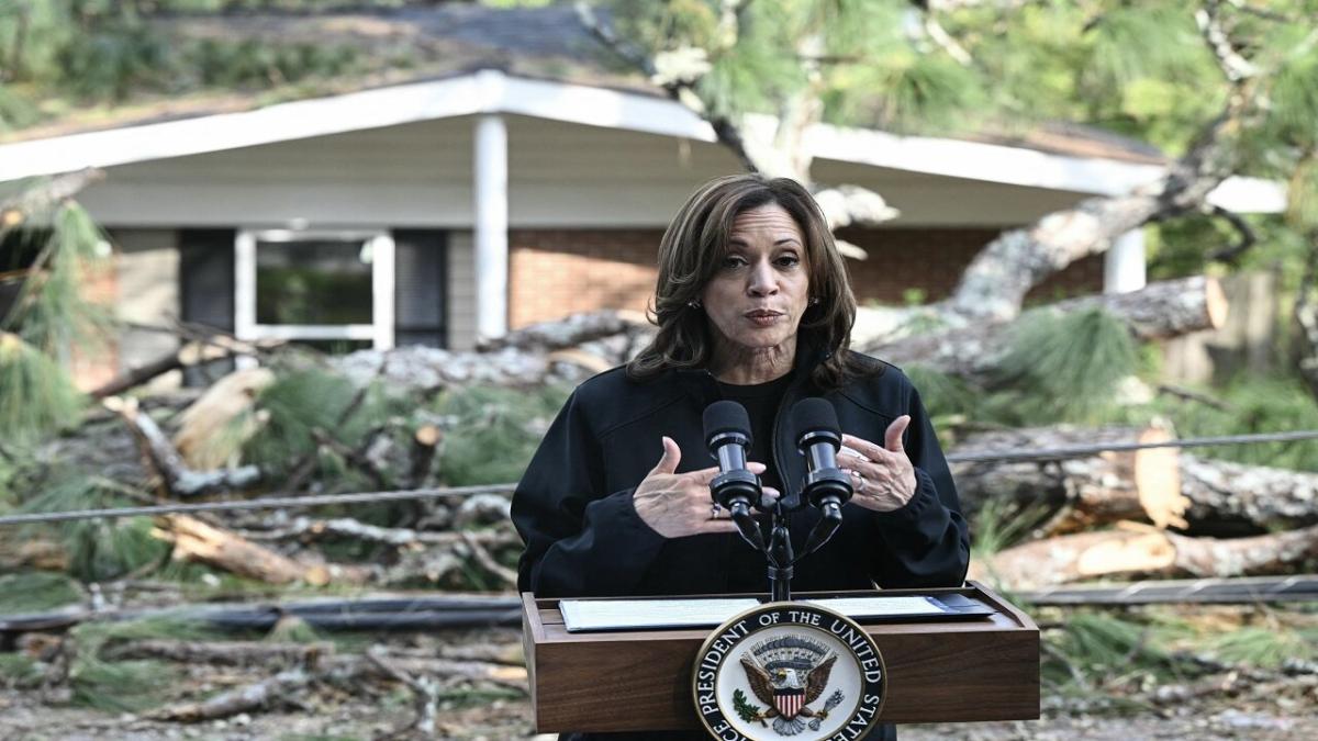 Kamala Harris giving a speech after Hurrican Helene